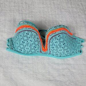 Shade & Shore 36DD Underwire Plunge Bikini Top Blue Crochet Orange Fringe Stud